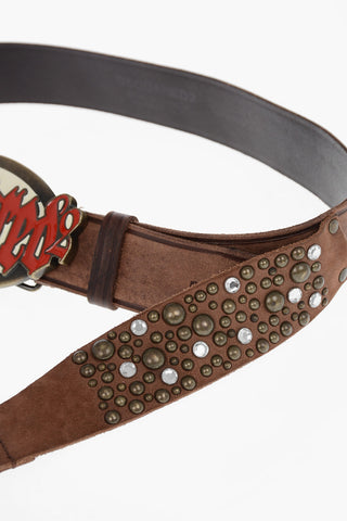 Cintura in Pelle Impreziosita da Borchie e Cristalli con Doppia Fibbia 40mm