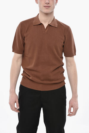Linen and Cotton Open-Collar Polo with Chevron Pattern
