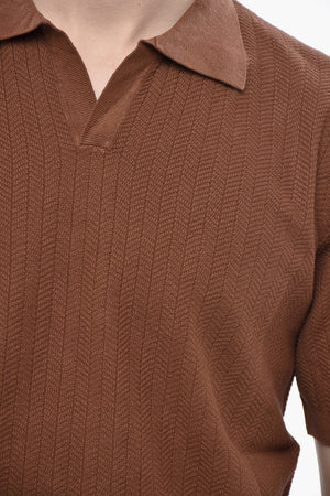 Linen and Cotton Open-Collar Polo with Chevron Pattern
