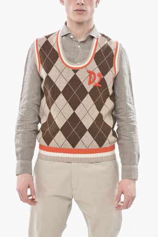 Maglia Girocollo in Misto Lana Motivo Argyle Senza Maniche