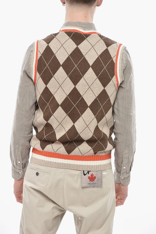 Maglia Girocollo in Misto Lana Motivo Argyle Senza Maniche