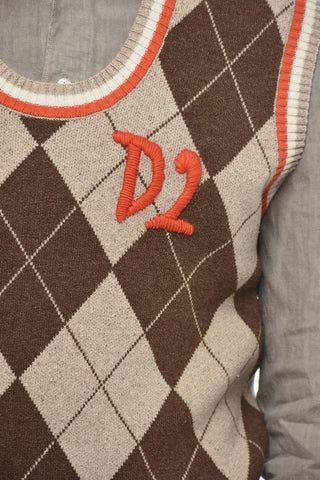 Maglia Girocollo in Misto Lana Motivo Argyle Senza Maniche
