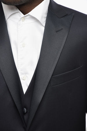 Three-Piece Virgin Wool Suit CERIMONIA with Double Vents, Peak Lapel and Waistcoat