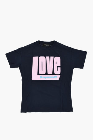 T-shirt Girocollo in Cotone con Stampa Love in Rilievo