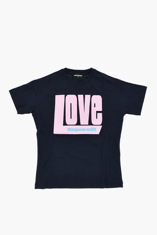 T-shirt Girocollo in Cotone con Stampa Love in Rilievo