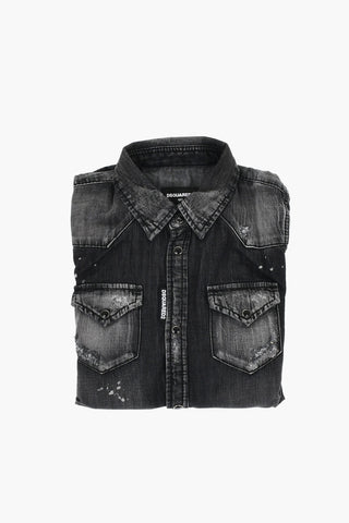 Overshirt in Denim Effetto Painting con Bottoni Automatici