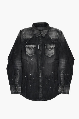 Overshirt in Denim Effetto Painting con Bottoni Automatici