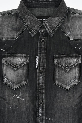 Overshirt in Denim Effetto Painting con Bottoni Automatici