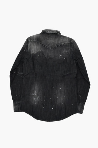 Overshirt in Denim Effetto Painting con Bottoni Automatici