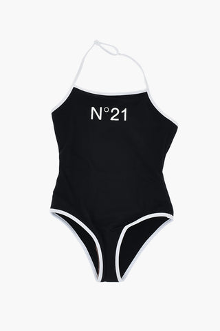 Einteiliger Halterneck-Badeanzug in Uni mit aufgedrucktem Logo