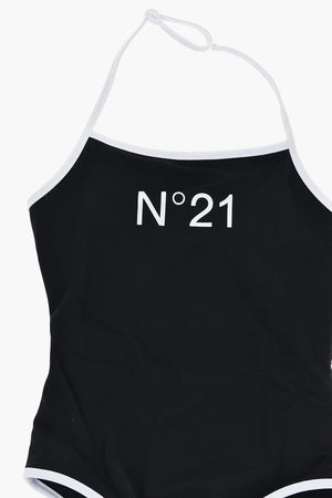 Einteiliger Halterneck-Badeanzug in Uni mit aufgedrucktem Logo