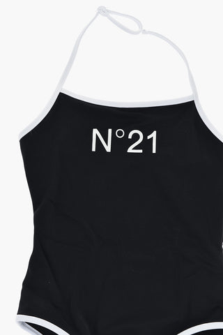 Einteiliger Halterneck-Badeanzug in Uni mit aufgedrucktem Logo