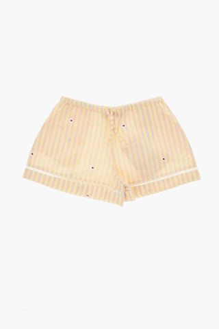 Zweifarbige gestreifte Shorts mit Blumenstickerei