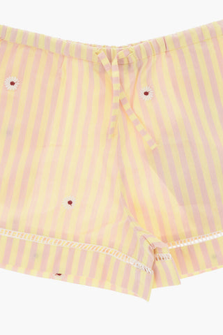 Two-Tone Striped Shorts With Floral Embroidery