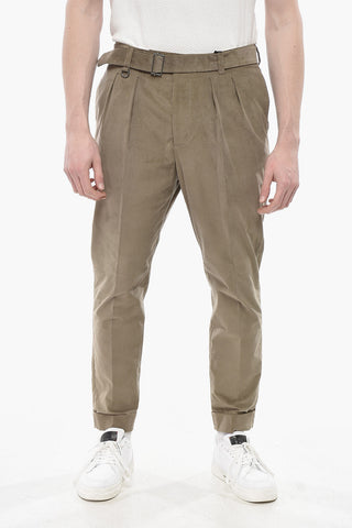 Pantaloni in Velour a Coste con Risvolti e Cintura
