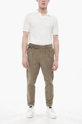 Pantaloni in Velour a Coste con Risvolti e Cintura