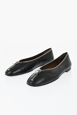 Brushed Leather Ballet Flats with Front Zip