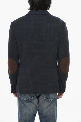 Wool-Blend Double-Breasted Blazer with Check Pattern