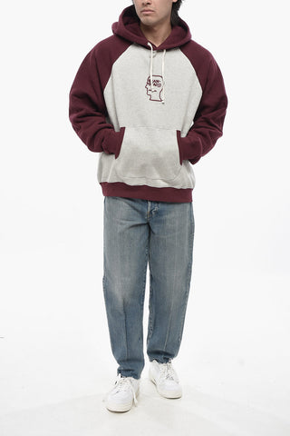 Felpa Hoodie in Cotone Felpato Bicolore con Logo in Rilievo
