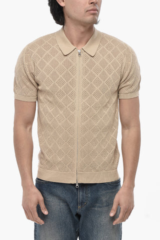Openwork Cotton Short-Sleeve Polo-Collar Top