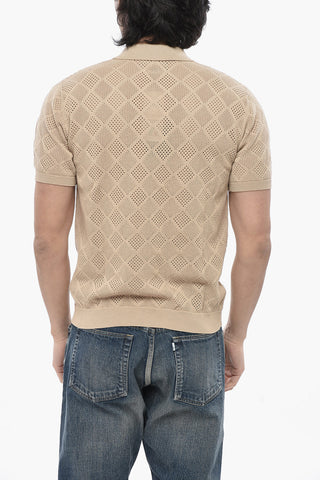 Openwork Cotton Short-Sleeve Polo-Collar Top