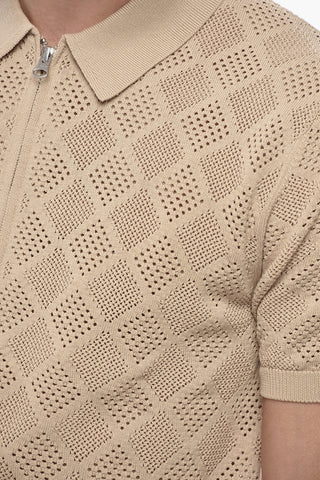 Openwork Cotton Short-Sleeve Polo-Collar Top