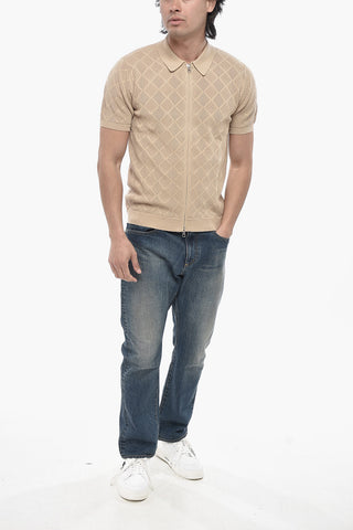 Openwork Cotton Short-Sleeve Polo-Collar Top