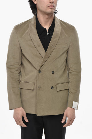 Ribbed Velour Double-Breasted Blazer with Shawl Lapel