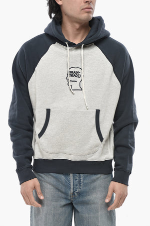 Felpa Hoodie in Cotone Felpato Bicolore con Logo in Rilievo