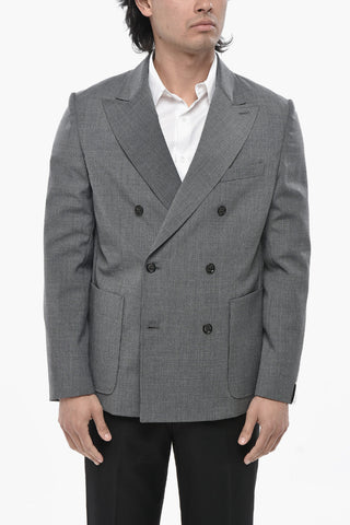 Blazer Doppiopetto in Misto Lana con Tasche a Toppa