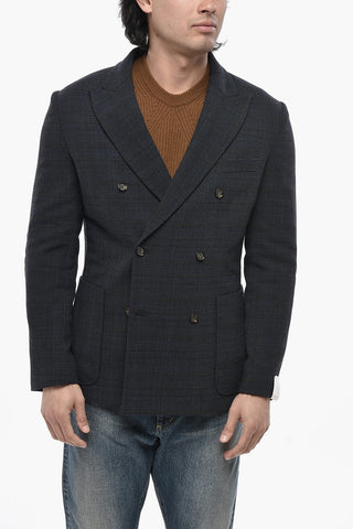 Double-Breasted Wool-Blend Blazer with Check Pattern
