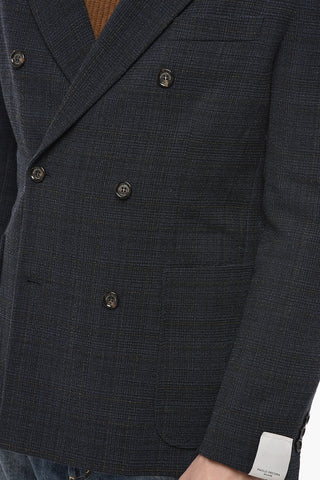 Double-Breasted Wool-Blend Blazer with Check Pattern