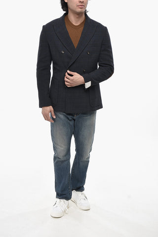 Double-Breasted Wool-Blend Blazer with Check Pattern
