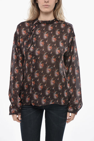 Tie-Neck Blouse with Paisley and Floral Pattern and Asymmetric Buttoning