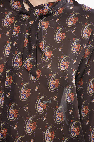 Tie-Neck Blouse with Paisley and Floral Pattern and Asymmetric Buttoning