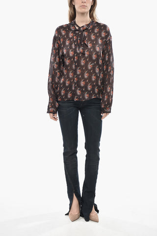 Tie-Neck Blouse with Paisley and Floral Pattern and Asymmetric Buttoning