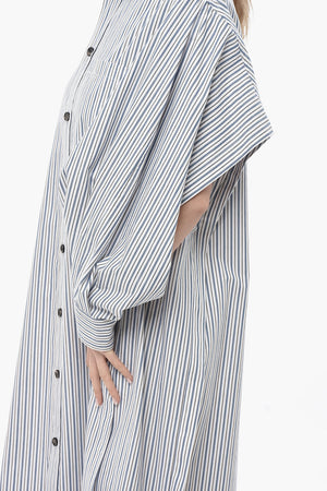 Cotton Shirt Dress with Balanced Striped Pattern and Cape Sleeves