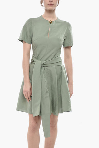 Vestito Midi in Misto Lino con Nodo Frontale