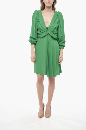 Draped Midi Dress with Balloon Sleeves