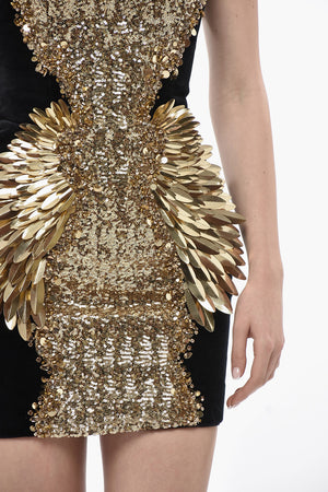 Velour Mini Dress with Sequins and Gold Details