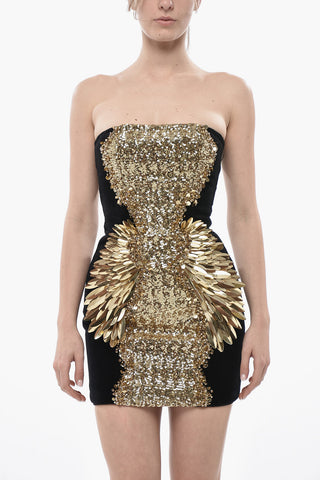 Velour Mini Dress with Sequins and Gold Details