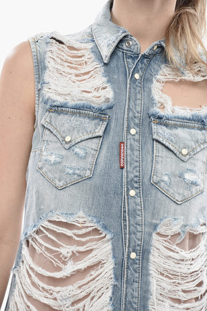 Jeans-Chemisier im Used-Look mit innenliegendem Unterkleid