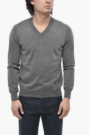 Einfarbiger Schurwoll-Rundhalspullover Mit V-Ausschnitt