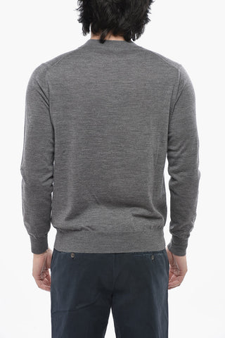 Einfarbiger Schurwoll-Rundhalspullover Mit V-Ausschnitt