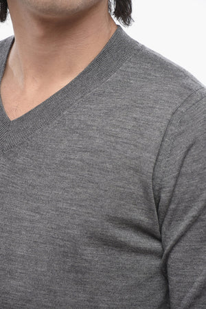 Einfarbiger Schurwoll-Rundhalspullover Mit V-Ausschnitt
