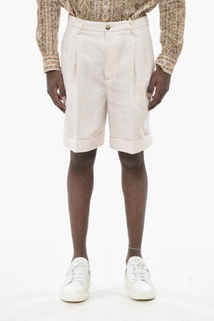 Shorts In Lino Ad Orlo con Risvolto