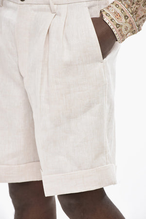 Shorts In Lino Ad Orlo con Risvolto