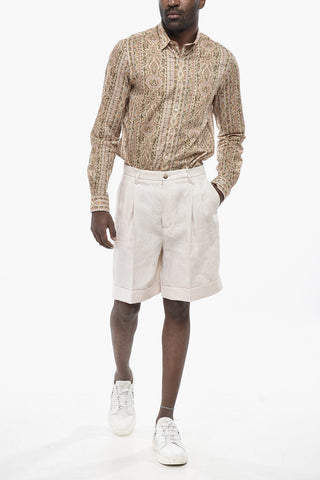 Shorts In Lino Ad Orlo con Risvolto