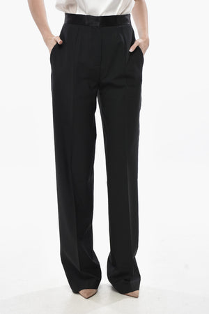 Pantaloni in Misto Lana Vergine con Banda in Vita in Satin