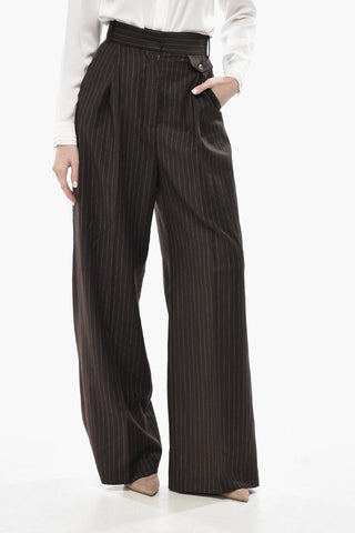 Wool Palazzo Trousers with Single Pleat and Pinstripe Pattern